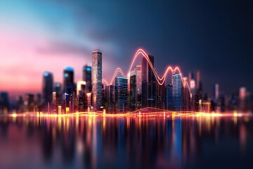 Obraz premium Colorful city skyline with vibrant light trails representing data trends, reflecting on water surface, showcasing modern architecture and urban life