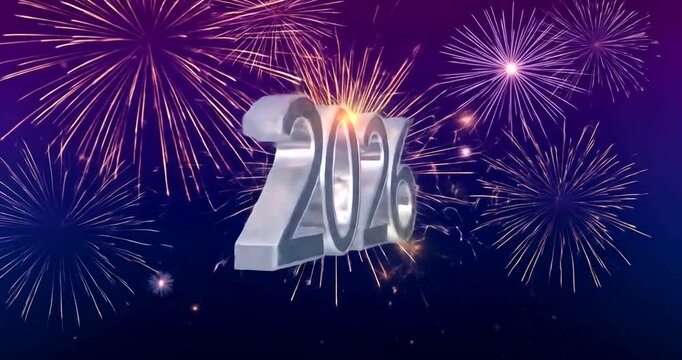 2026 spinning clockwise with fireworks and dynamic light rays from behind