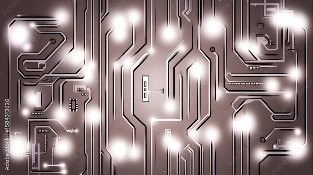Poster complex circuit board design with glowing elements.