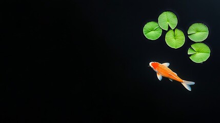 Vibrant orange koi fish swims gracefully near lily pads in dark water