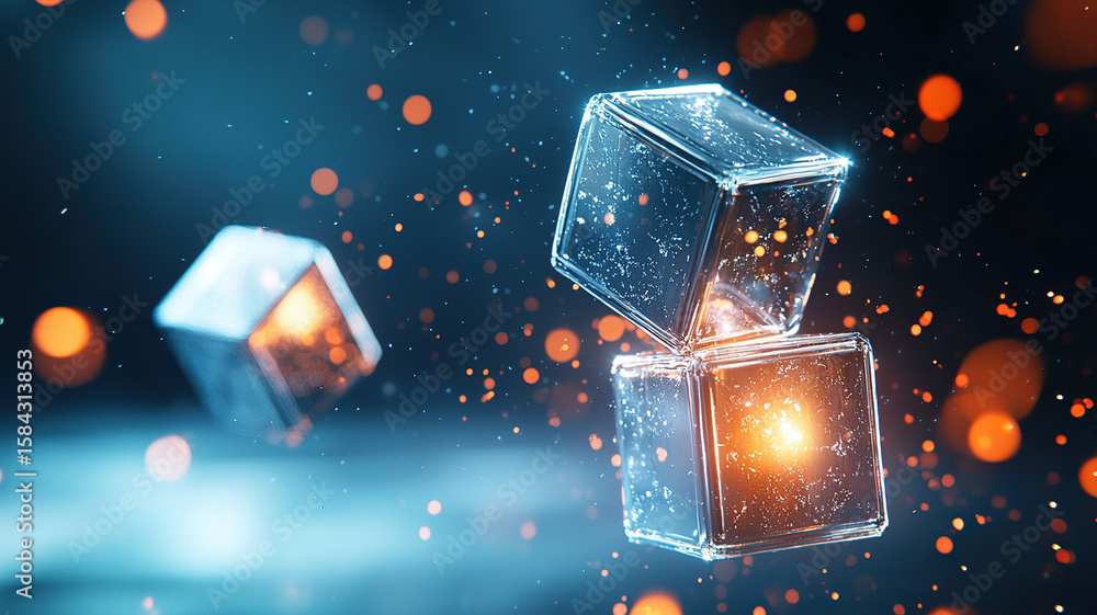 Aufkleber floating glass cubes with glowing centers create mesmerizing visual effect, surrounded by sparkling 