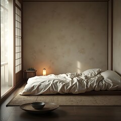 Japanese Bedroom with Kintsugi Bowl Lit by Soft Light