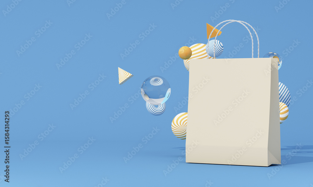 Poster single shopping bag with abstract floating elements on a clean blue background, perfect for e-commer