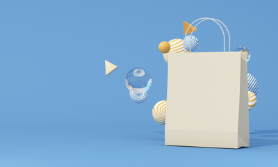 Single shopping bag with abstract floating elements on a clean blue background, perfect for e-commerce themes. 3d rendering.