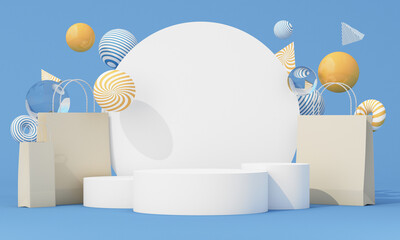 Shopping bags with floating abstract shapes around white podiums in a vibrant blue scene. 3d rendering.