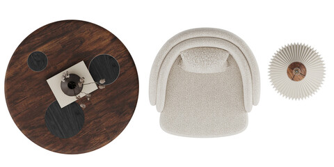 Top View of Single Curved Armchair with Round Wooden Coffee Table and Pendant Light on Transparent Background PNG