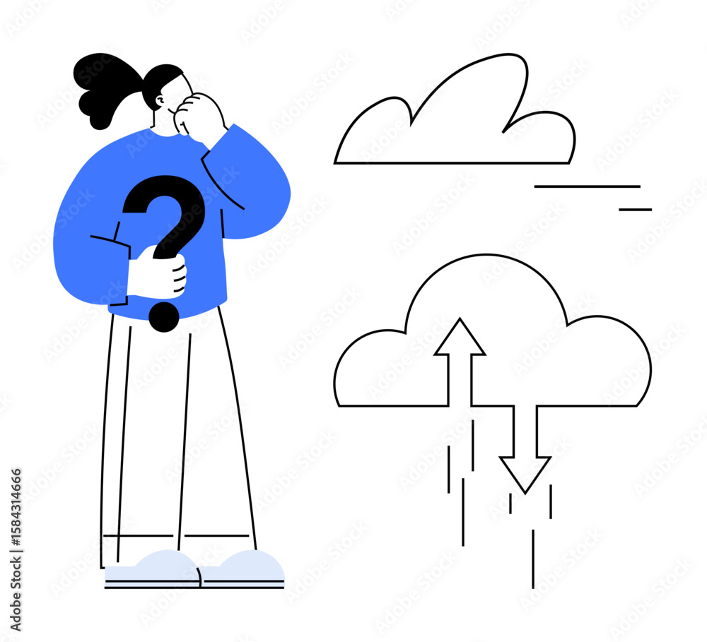 Poster person holding question mark beside icons of cloud and bidirectional data arrows. ideal for problem-