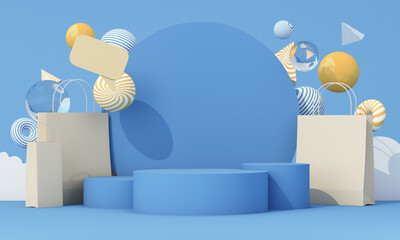 Blue podium with shopping bags and floating geometric shapes, abstract modern style for sale events. 3d rendering.