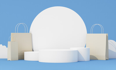 Minimal podium display with shopping bags on a blue background, clean modern style for product presentation. 3d rendering.