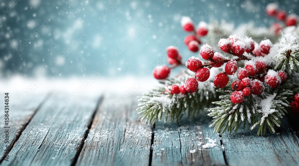 Poster snow-covered pine branches with red berries arranged on rustic wooden table in bright daylight.