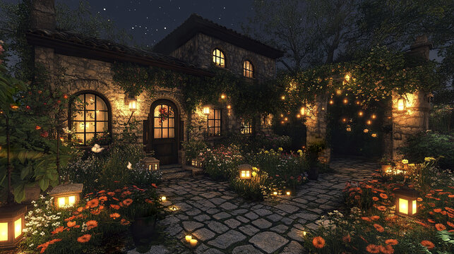 Cozy stone cottage with warm glowing lanterns and string lights illuminating lush garden path at night under starry sky, creating peaceful and inviting atmosphere