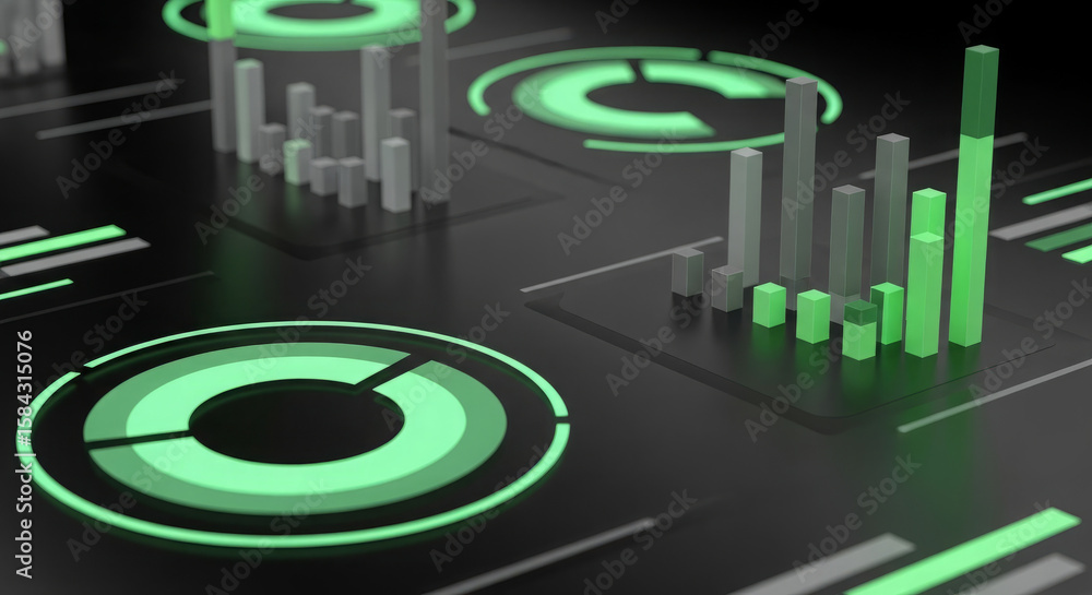 Poster abstract representation of data with bar graphs and circular diagrams in shades of gray and green on