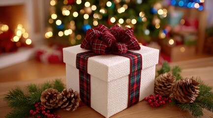 White gift box with red ribbon and pine cones on a white background, festive holiday decoration.