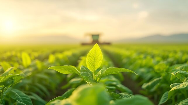 Tractor tending lush green field at sunrise with focus on a single leaf