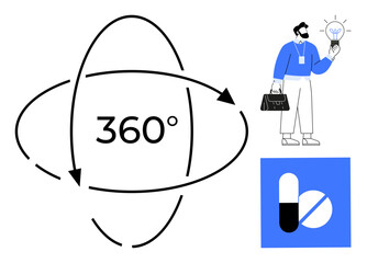 Man holding lightbulb symbolizing ideas, 360-degree orbit lines represent a holistic view, pill icon suggests healthcare. Ideal for strategy, innovation, healthcare, creativity, business, solution