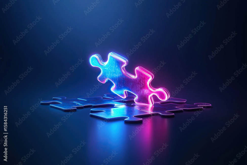 Poster digital marketing puzzle pieces glowing and interlocking create captivating visual. vibrant colors a