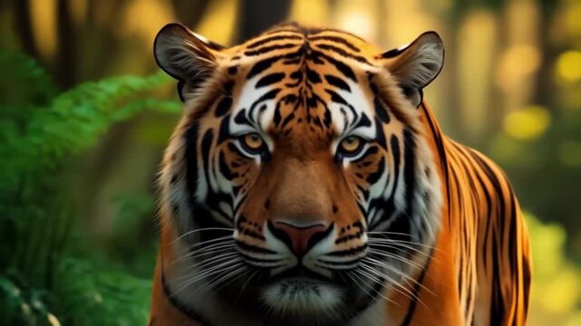 Close up portrait of a tiger with striking eyes amidst lush green foliage and bright sunlight animal video