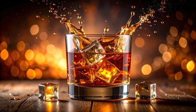 Whiskey Splash: Ice Cubes Dropping into Glass