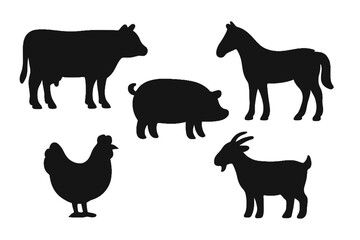Farm animal silhouettes including cow, pig, horse, goat, and chicken  
