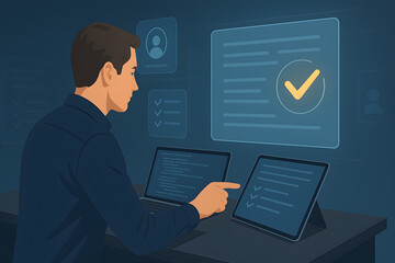 Business Professional Analyzing Digital Information on Screens