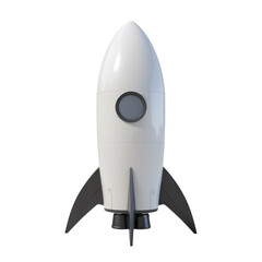 Cartoon White Rocket Ship Launching with Circular Porthole and Dark Gray Fins