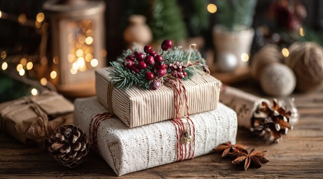 Three wrapped Christmas presents on a wooden table with festive decorations and warm lighting.