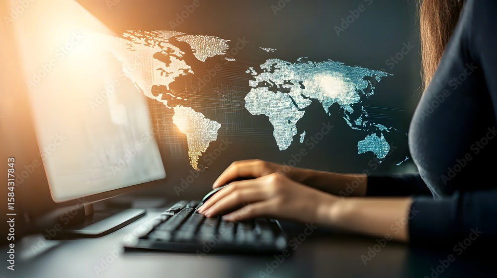 Poster a person using a computer with a world map overlay.