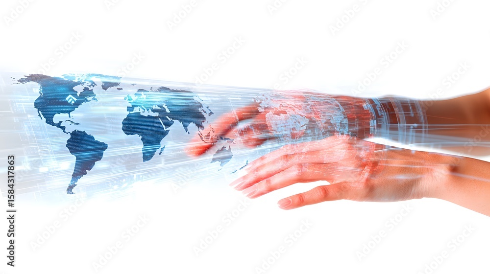 Poster global digital interface with human hands interacting with a world map.