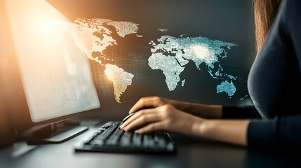 A person using a computer with a world map overlay.