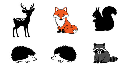 Naklejka premium Forest animal silhouette icons including deer, fox, and raccoon 