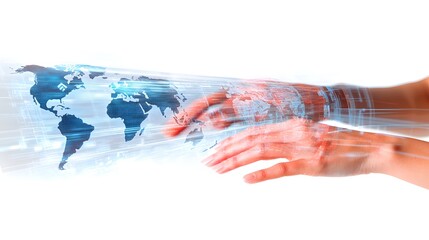 Global digital interface with human hands interacting with a world map.