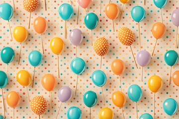 A vibrant collection of colorful balloons floats against a cheerful polka dot background creating a festive celebration atmosphere