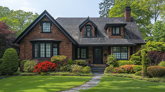 Brick house front yard garden green lawn pathway shrubs trees residential building traditional architecture chimney window door landscaping outdoor suburban home roof daylight nature foliage