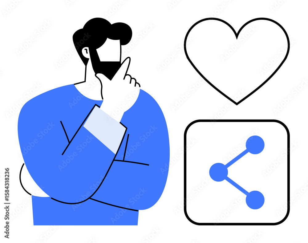 Aufkleber man with beard contemplating surrounded by heart and sharing icon. ideal for connection, reflection,