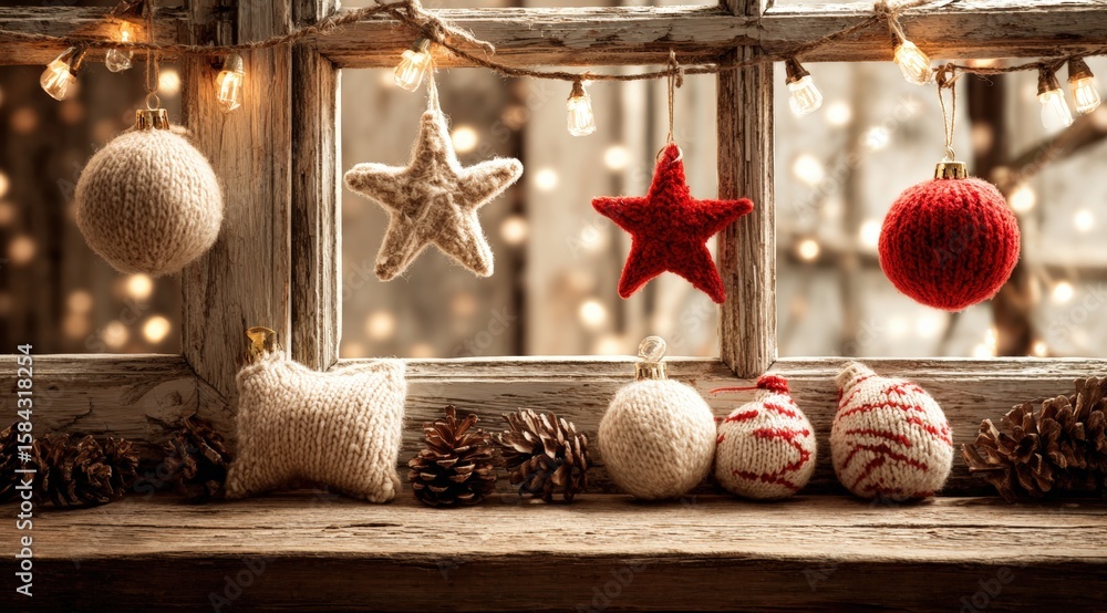 Poster three decorative ornaments hanging from a window sill illuminated by warm string lights at dusk.