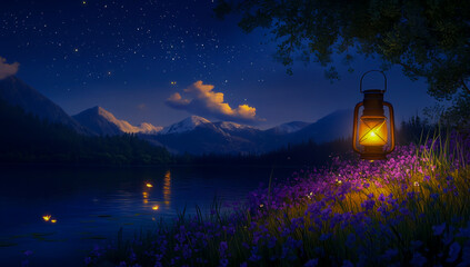 A burning lantern illuminating a peaceful night, casting a warm, golden glow over vibrant purple flowers and green grass by a tranquil lake,