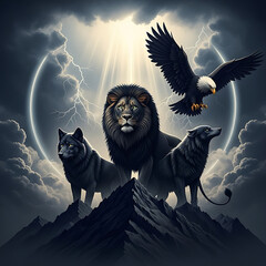 A black lion, black wolf, and black eagle on a dark mountain