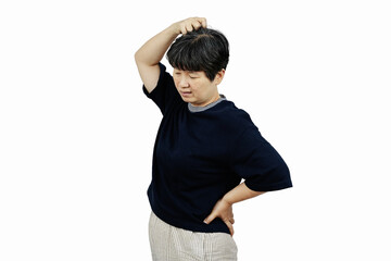 Thoughtful middle aged asian Woman Against White isolated Background