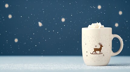 Cozy winter mug with reindeer and snowflakes on a snowy night