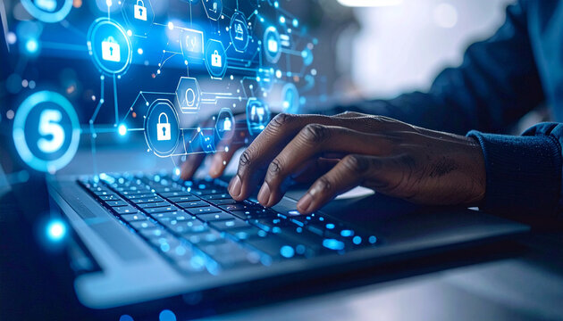 Cyber Fortress: Hands diligently navigate a laptop's keyboard amidst a digital fortress of glowing cyber symbols, symbolizing the intricate world of cybersecurity.