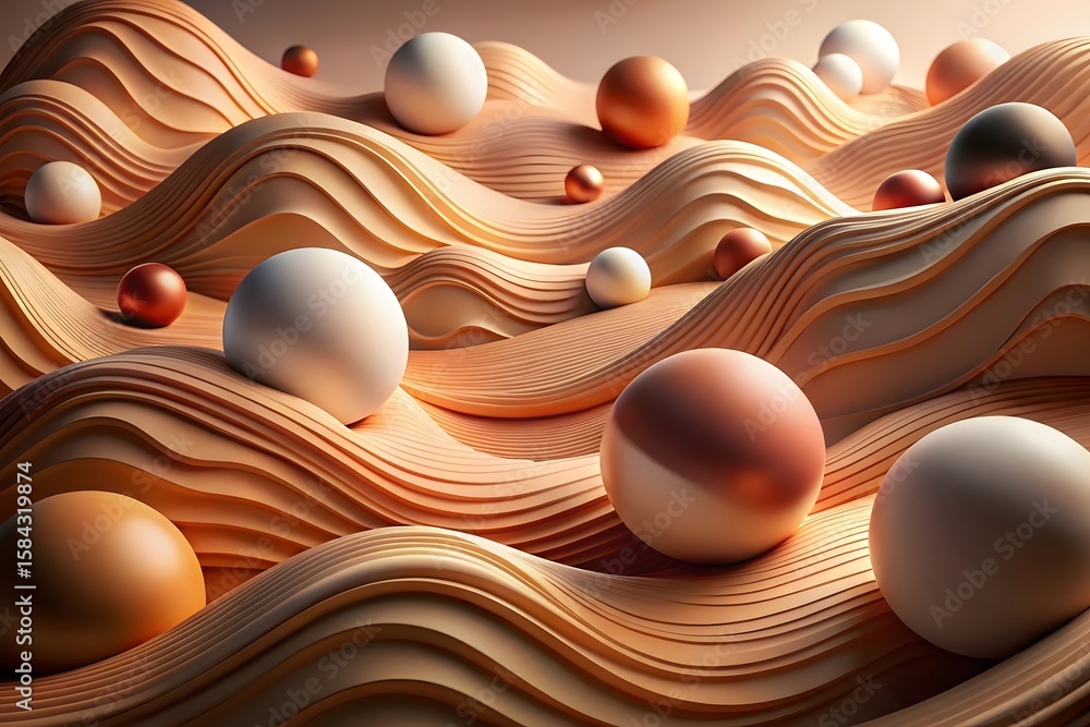 Poster abstract 3d render of smooth wavy surfaces adorned with spheres in warm earthy tones