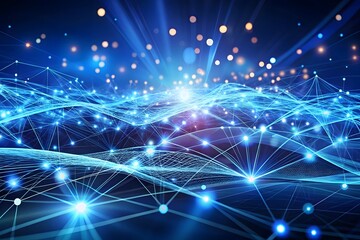 Obraz premium Abstract digital network with glowing blue connections and bokeh lights representing data flow