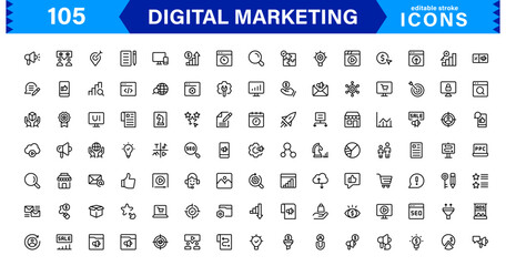 Digital Marketing Icon Set in Vector Style Featuring SEO, Social Media, Analytics, and Advertising Symbols