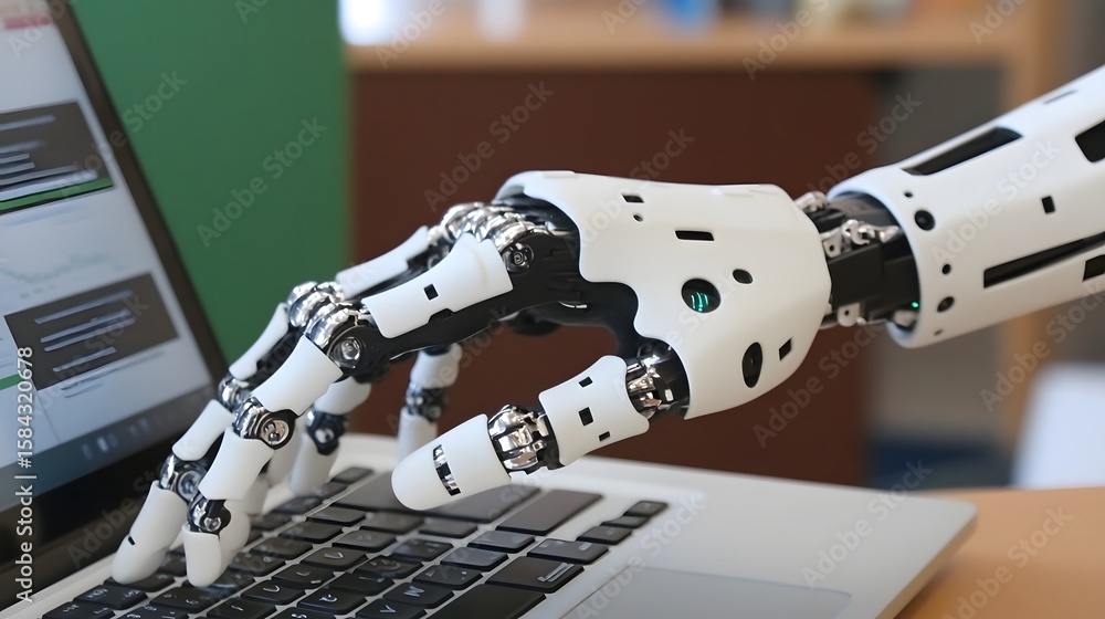 Poster robotic arm operating a laptop computer.