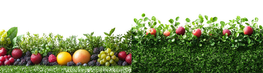 Obraz premium Fresh Fruits and Greenery Displayed on Vibrant Grass Surface for Natural Presentation