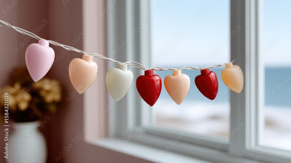 Poster red and pink paper hearts hanging on a string by a bright window with soft daylight background.