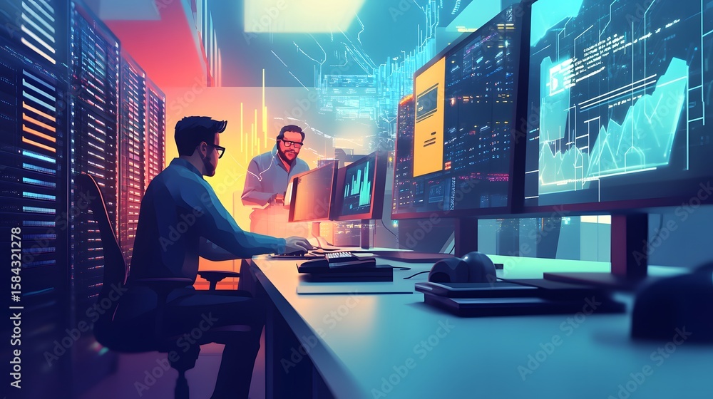 Poster two programmers working in a server room.