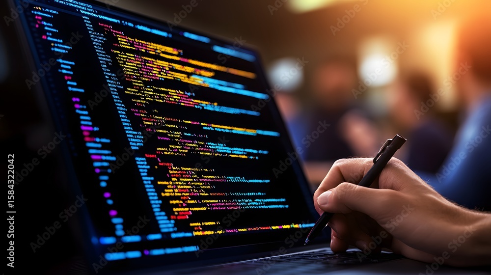 Poster close-up of a person working on a laptop screen displaying colorful programming code.