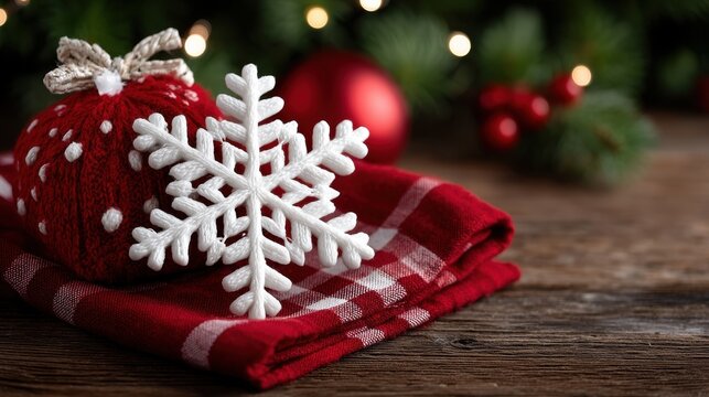 Red and white plaid cloth with a white snowflake pattern, cozy textile detail on a plain background.