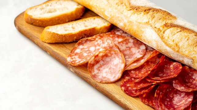 Freshly baked baguette with sliced cured meats and bread slices